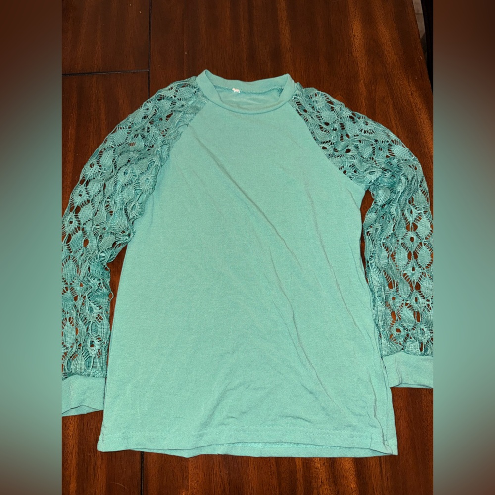 Teal Top with Lace Sleeves